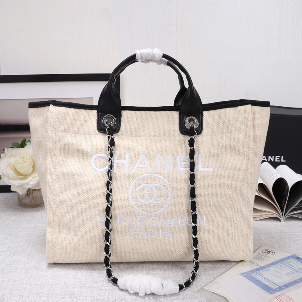 CHANEL Woven Straw Raffia Striped Medium Deauville Tote